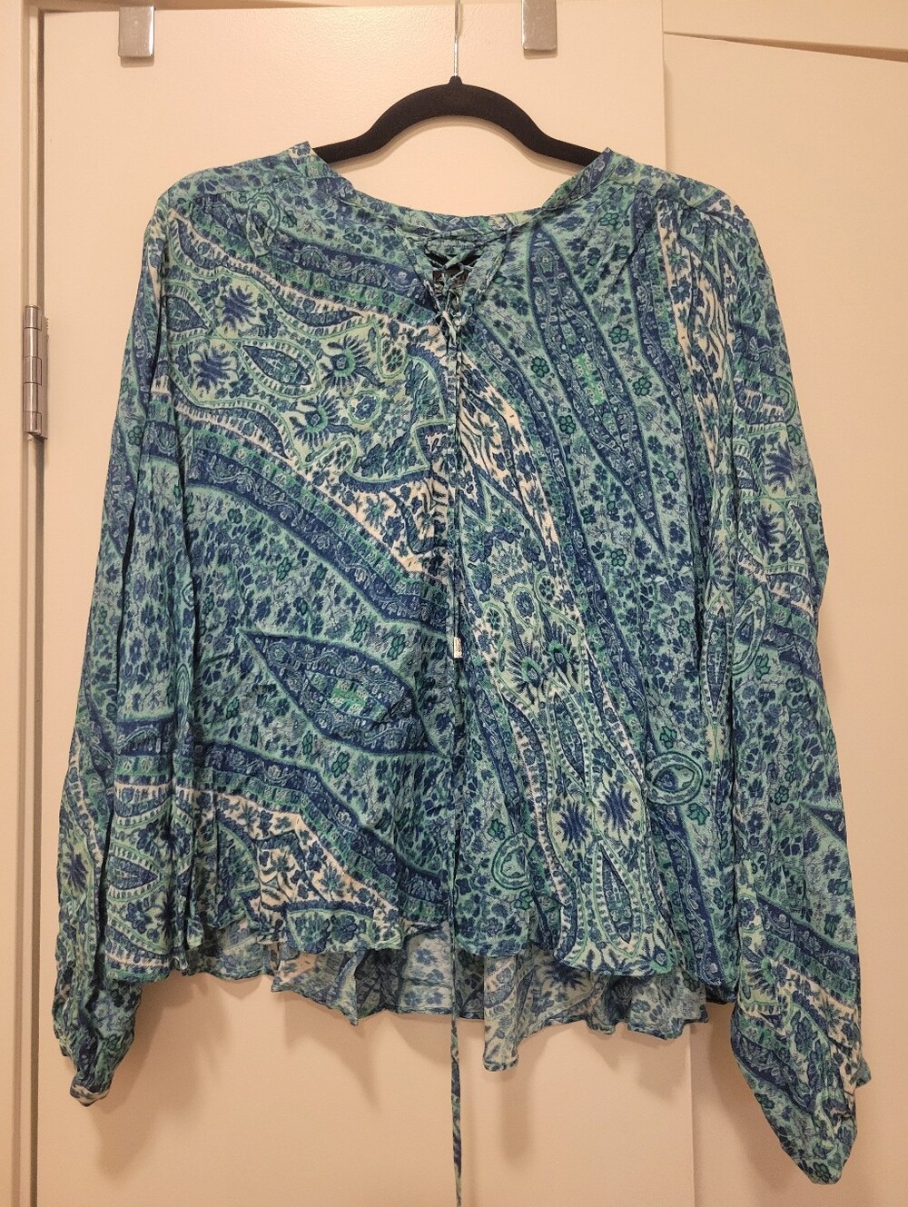 Nannette Lepore Blue Multi Paisley Lace-Up Boho Blouse